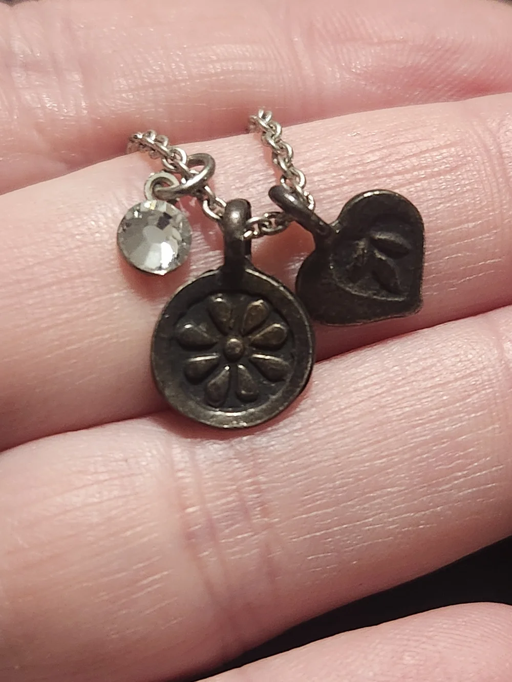 ​Baked Beads Silvertone Charm Necklace Heart Flower Crystal Accent
